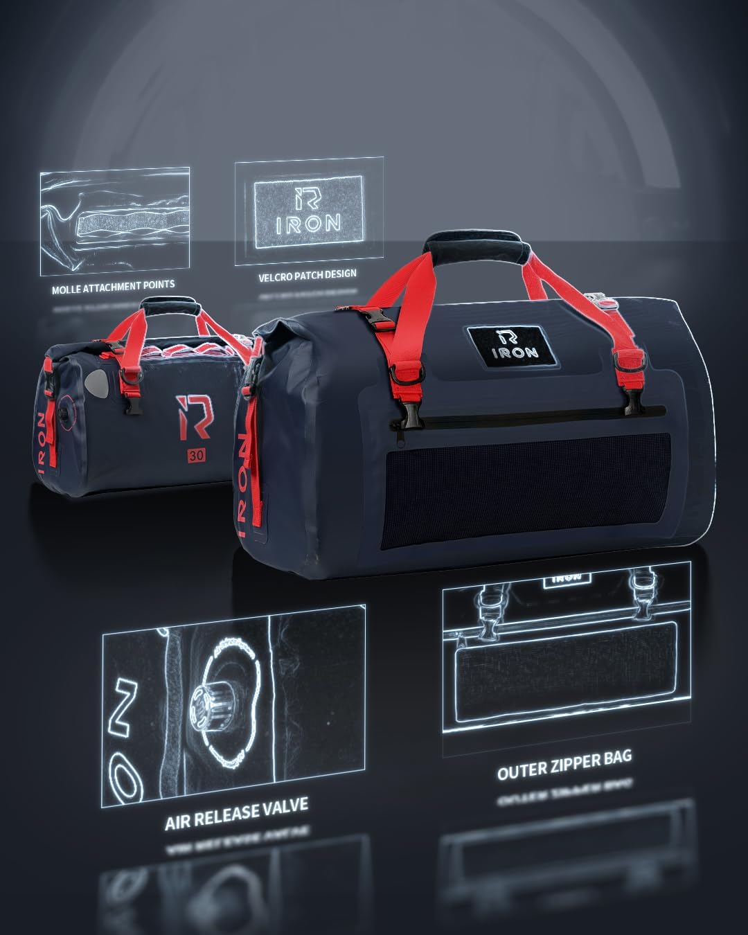 IRON JIA'S Motorcycle Dry Bag - Waterproof Duffle & Luggage Tail Bag Saddle Bags with Roll Top Closure, Shoulder Straps, Inner Pocket and Mesh Pocket (Navy Blue, 50L)