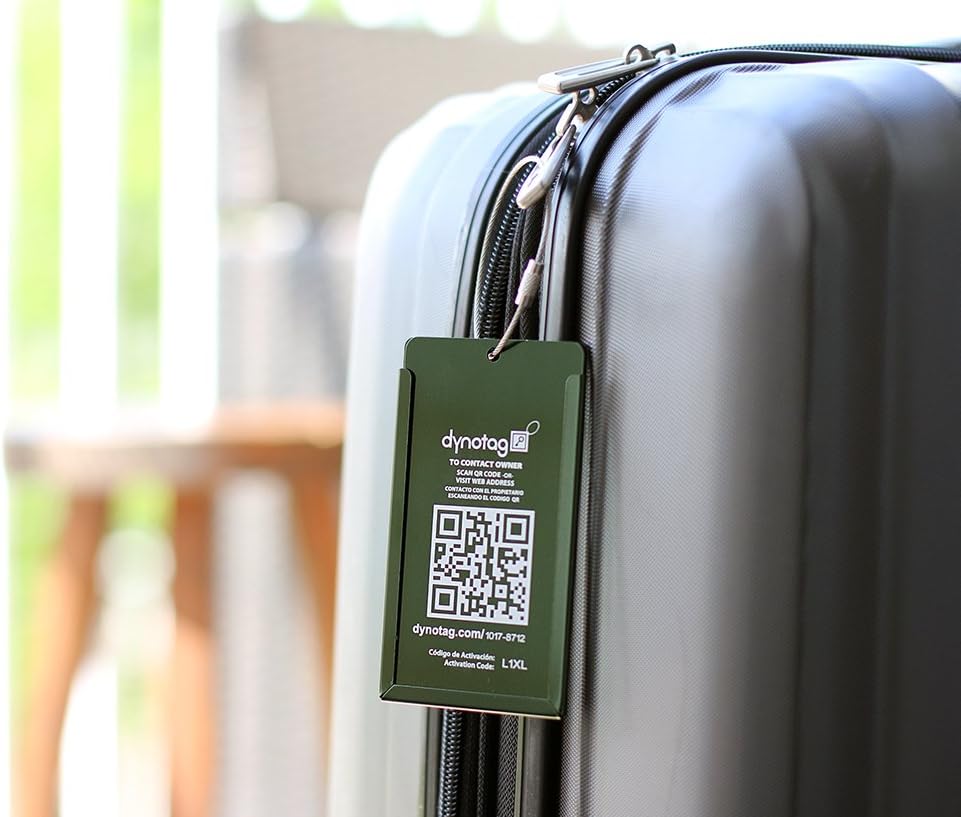 Dynotag® Web Enabled Smart Aluminum Convertible Luggage ID Tag + Braided Steel Loop, with DynoIQ™ & Lifetime Recovery Service (Emerald Green)