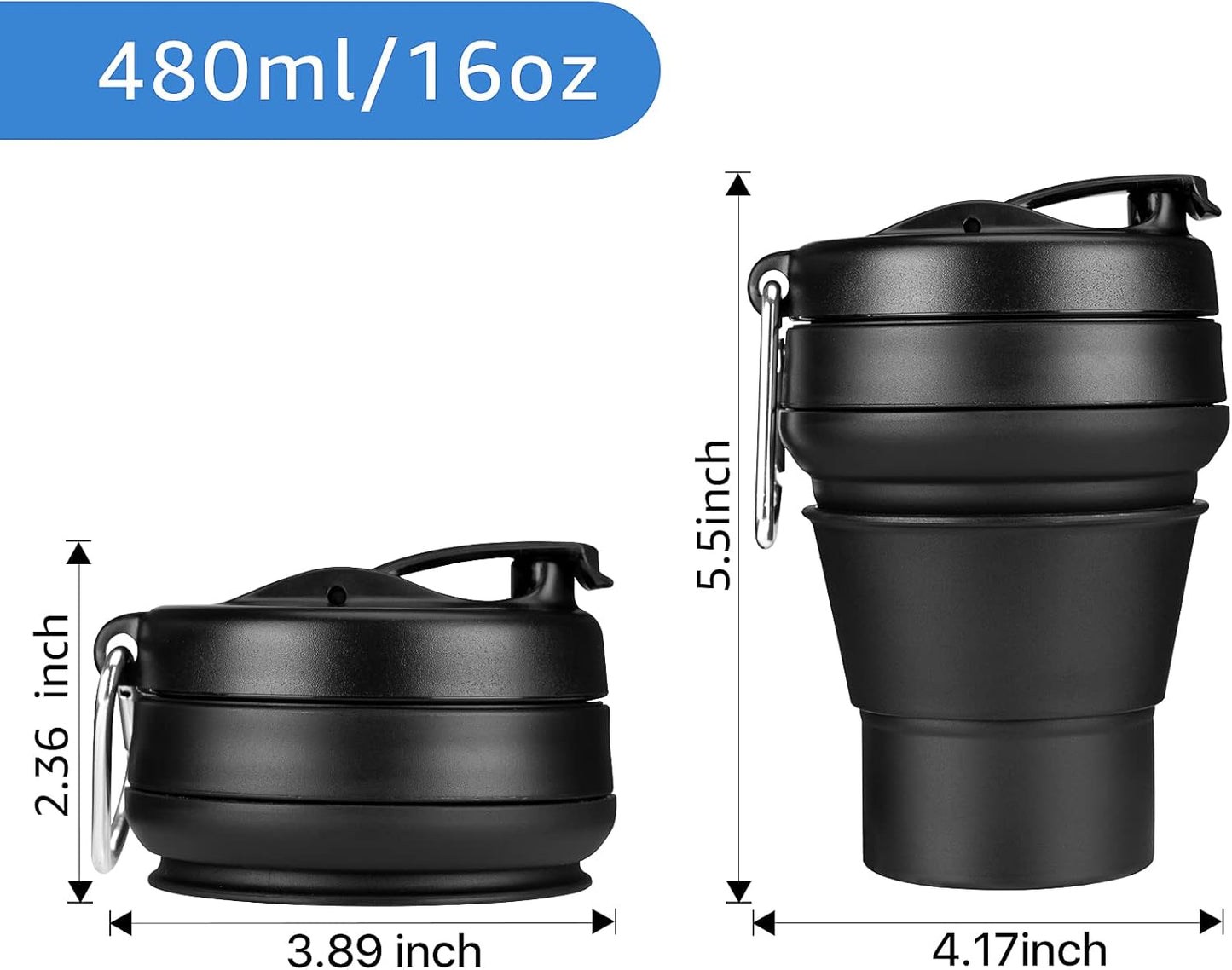 Collapsible Coffee Cup, 2 Pack 16 OZ 480ml Silicone Travel Folding Cup, Leak Proof BPA Free Portable Cup, Travel mug with Lids for Camping hiking (2 * 16OZ)