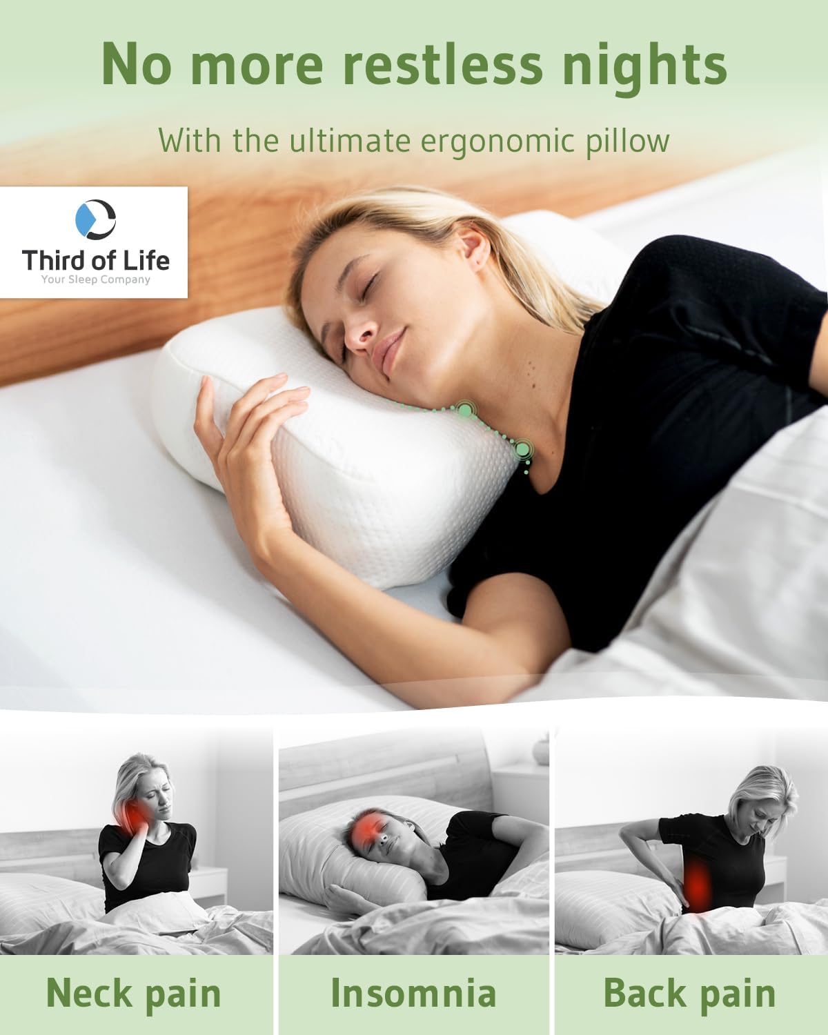 Third of Life Travel Pillow with Activated Charcoal Memory Foam | Cervical Neck Pain Relief Pillow for Back & Side Sleepers | Aloe Vera Extract Viscose Pillowcase