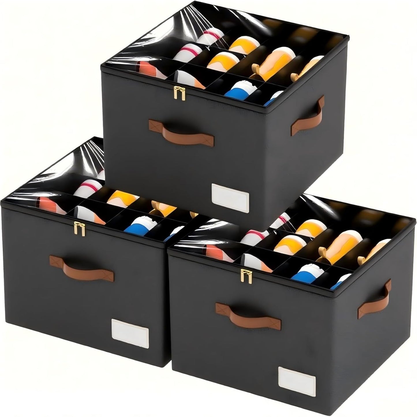 3 Pack Shoe Organizer for Closet, Foldable Shoe Storage Containers, Fits up to 24-48 Pairs, Shoe Storage Organizer Box Cubby Baskets Bins with Clear Cover and Reinforced Handles, Black