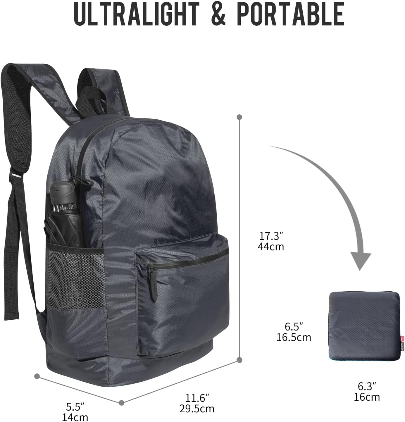 pack all 20L Lightweight Packable Backpack, Water Resistant Foldable Backpack, Travel Hiking Daypack with Waterproof Zippers (Navy Blue)