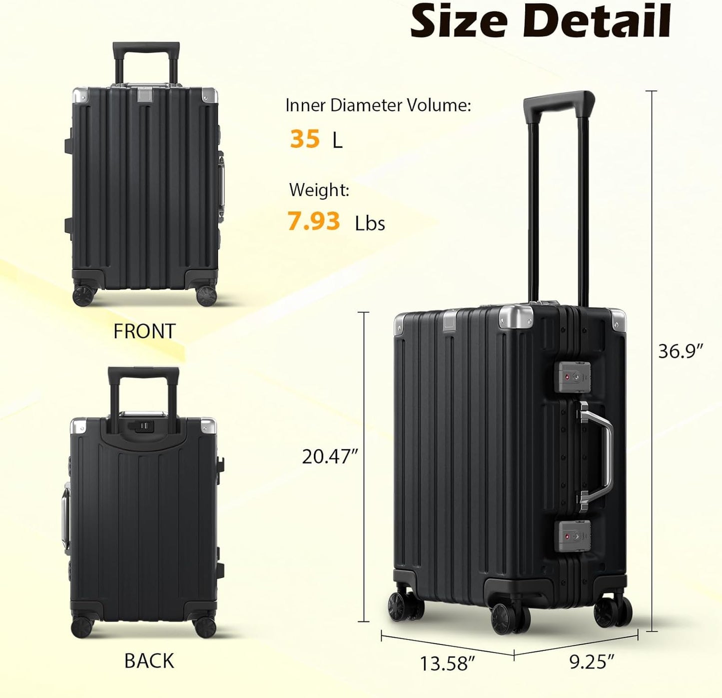 Krute Aluminum Frame Carry On Luggage 20 Inch Zipperless Luggages USB Charger Hardside PC Suitcase With Spinner Wheels Airline Approved Hard Shell Suitcases with TSA Lock (1 Piece)