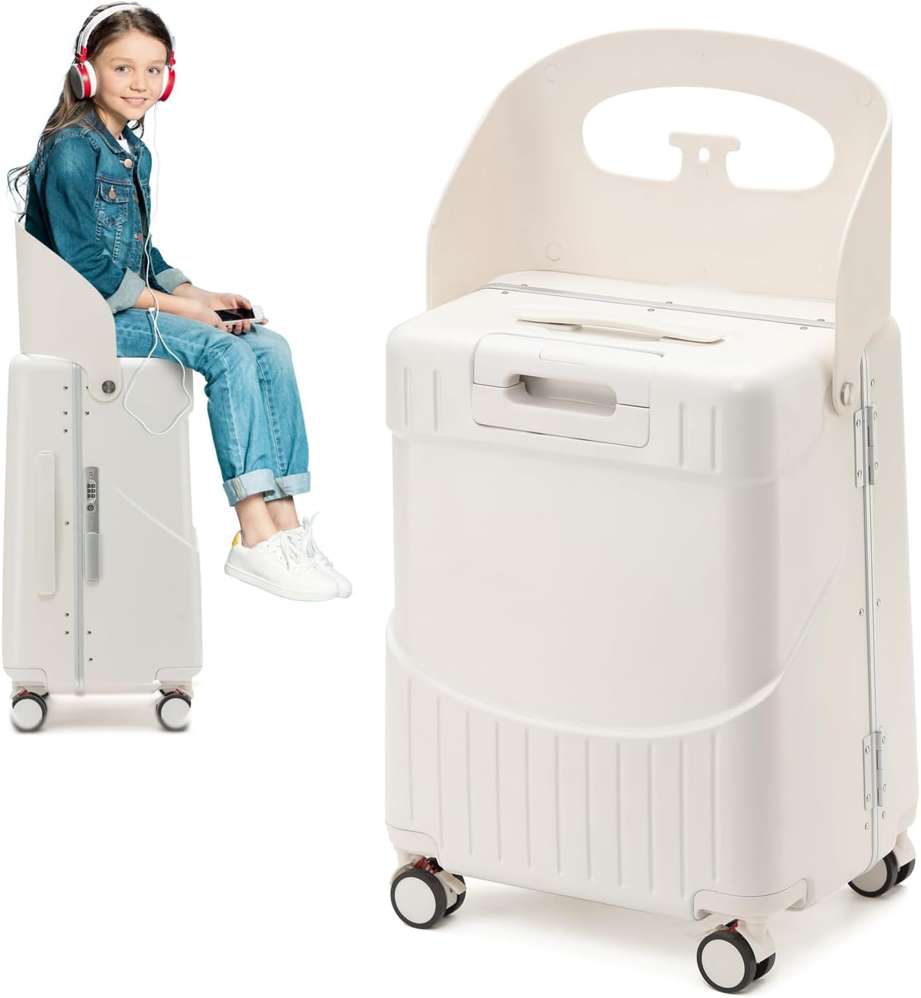 22 Inch TSA Lock Luggage with Seat for Adults and Kids,Check in Lockable Spinner Wheels Suitcase with Belt and Cover (TSA Luggage with Child Seat White)