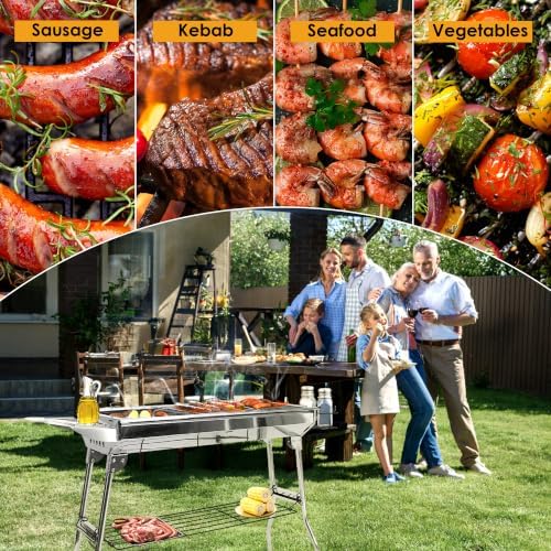 Portable Charcoal Grill, Large Stainless Steel Folding BBQ Grill with Storage Shelf, Foldable Barbecue Grill for Outdoor Cooking Camping Hiking Backyard Garden Picnic Parties Kabob (39x13.4x28 Inch)