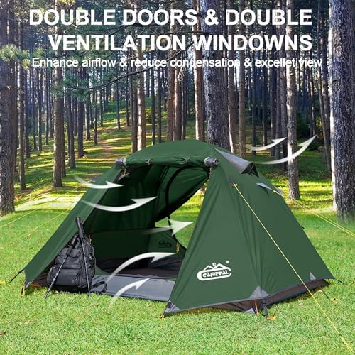 2-3 Person Backpacking Tent with Double Door 2 Vestibule, Waterproof Windproof Lightweight Easy Set Up 3 Season 2 Man Two Person Tent for Camping, Hiking, Motorcycle, Mountaineering with UPF 50+