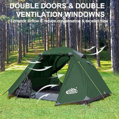 2-3 Person Backpacking Tent with Double Door 2 Vestibule, Waterproof Windproof Lightweight Easy Set Up 3 Season 2 Man Two Person Tent for Camping, Hiking, Motorcycle, Mountaineering with UPF 50+