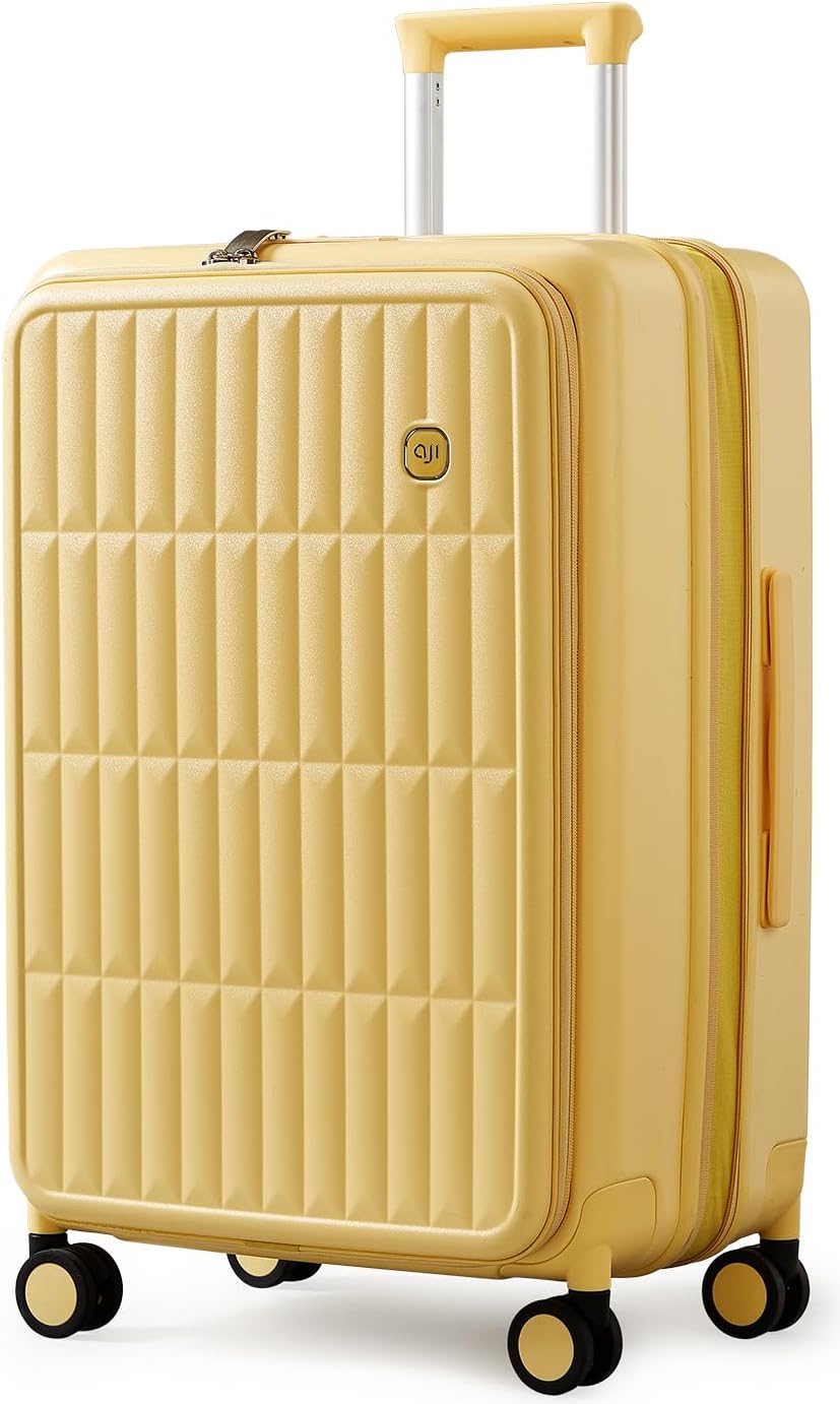 aji Expandable Top Open 26 Inch Checked Luggage with Spinner Wheels, Large Suitcase with TSA Lock, Hardside Travel Luggage Suitcases for Men Women, for 24+Days Travel, Cheese Yellow