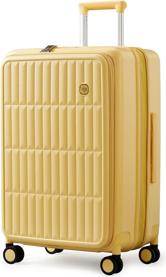 aji Expandable Top Open 26 Inch Checked Luggage with Spinner Wheels, Large Suitcase with TSA Lock, Hardside Travel Luggage Suitcases for Men Women, for 24+Days Travel, Cheese Yellow