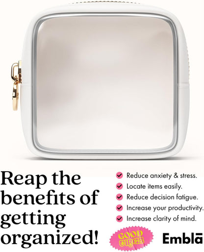 Clear Makeup Bag Zipper Pouch, Transparent Cosmetic Case Organizer, TSA Approved Travel Toiletry Case, Travel Accessories Essentials Makeup Tote for Women, Mini Cute Make up Bag for Purse - White