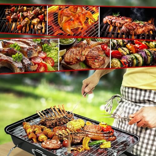 Portable Charcoal Grill, 19.7x10.63x11.8in Folding Outdoor Tabletop BBQ Grill, Small Barbecue Smoker Grill with Lid for Outdoor Cooking Backyard Camping Picnics Beach