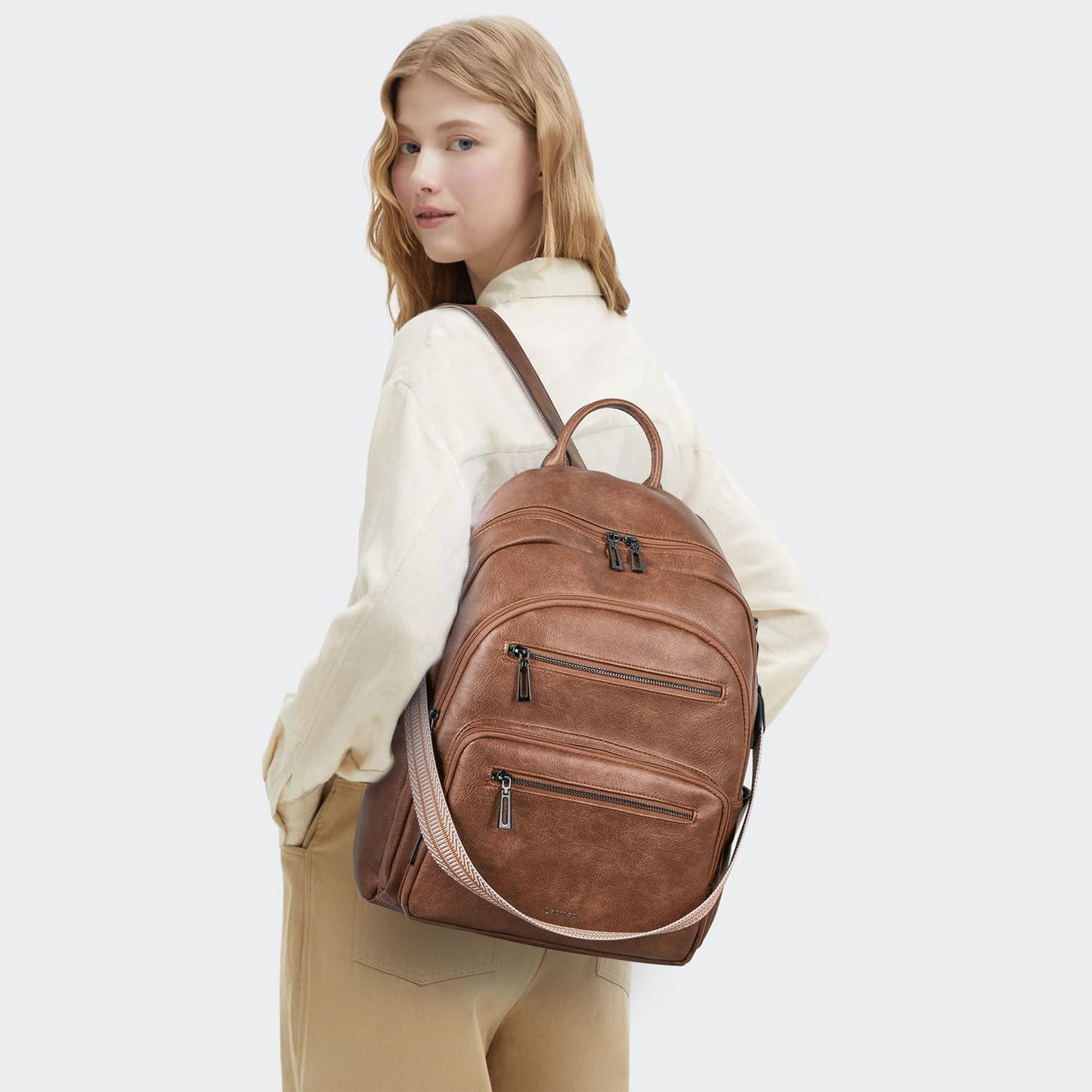 Backpack Purse for Women Laptop Backpack, Leather Travel Backpack Shoulder Bag Teacher College Daypack Work Handbag fits 14" Laptop-Brown