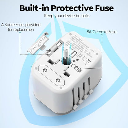 JMFONE International Power Plug Adapter, Universal Travel Adapter with 2 USB-C & 2 USB-A Ports and Multi AC Sockets, All-in-One Worldwide Travel Outlet Charger Adapter for EU US UK AU 200+ Countries