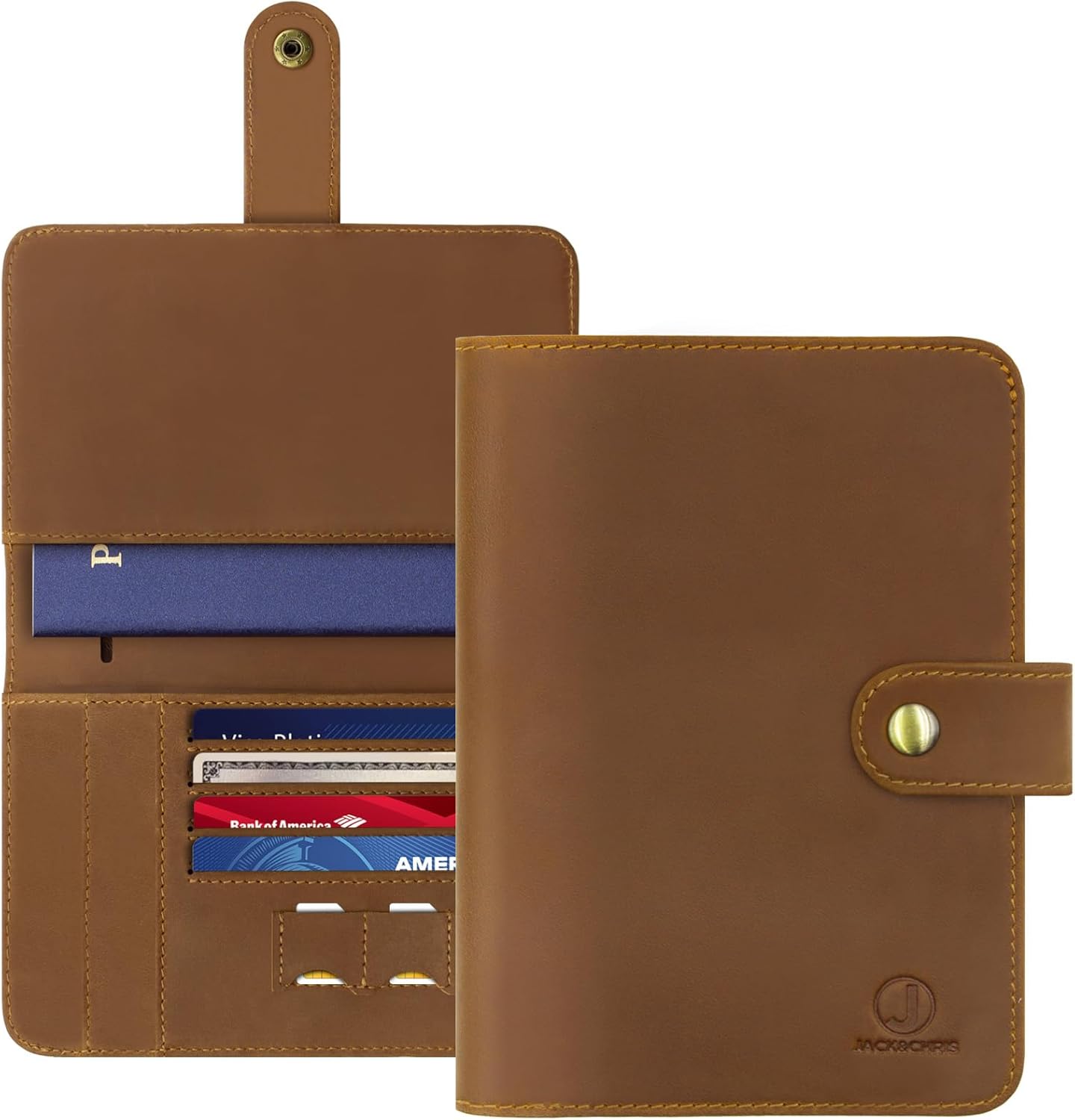 Jack&Chris Genuine Leather Handmade Passport Holder For Travel, RFID Blocking Passport Holder with Card Slots, Travel Essentials wallet with Pen Holder for Women and Men for Gifting, Light Brown