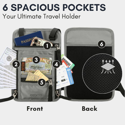 elzama Travel Neck Wallet, Neck Passport Holder, RFID Blocking Passport Wallet Super Slim & Lightweight Travel Pouch Holder for Men & Women (Light Grey)