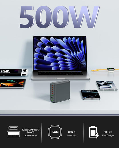 500W USB C Charger Block, 8-Port USB C Charging Station Fast Charging PD 120W PC Laptop Charger Adapter Compatible with MacBook Pro/Air/All iPad,DELL, iPhone 16/15/14/13/Pro Max/Galaxy