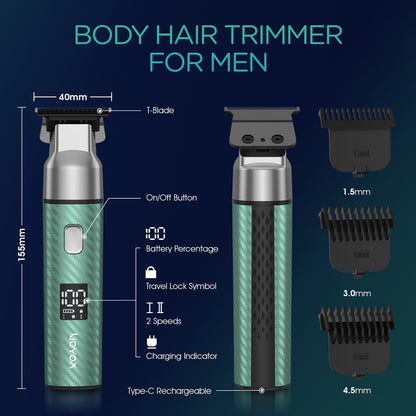 VOYOR Body Hair Trimmer for Men,Electric Razor,Versatile Groin & Body Trimmer,Waterproof and Cordless Shaver,Manscaper for Men,USB-C Charging Groomer,Ceramic Blade Razor Male Grooming HT310 (Green)