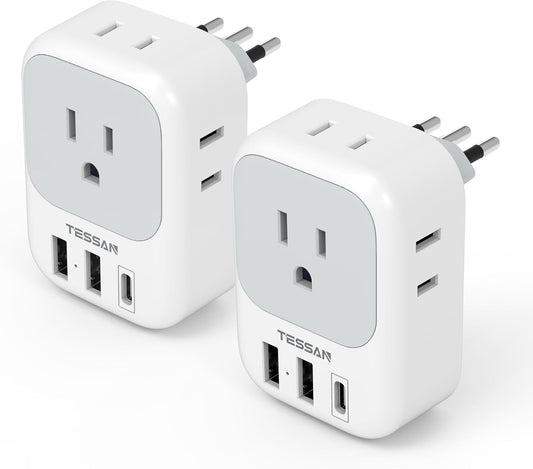 Italy Travel Plug Adapter 2 Pack, TESSAN Italy Power Adaptor with 4 Outlets 3 USB Charger (1 USB C Port), Type L Adapter for US to Chile Ethiopia Libya Syria Tunisia Uruguay