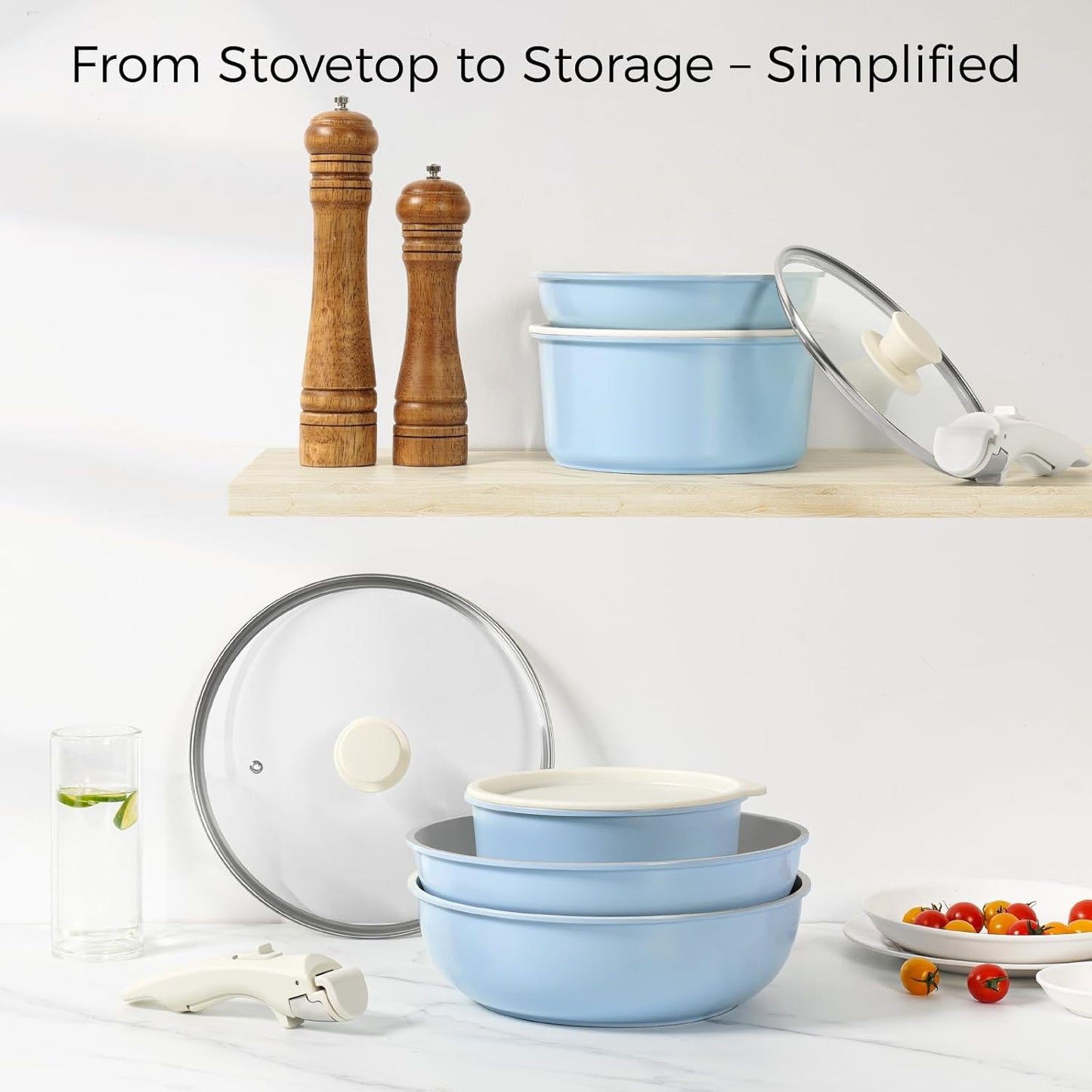 15Pcs Pots and Pans Set Non Stick, Cookware Sets with Detachable Handle, Nonstick RV Kitchen Cooking Tools Removable Handles, Oven Safe, Induction Fast, Stackable Induction Cookware, Blue