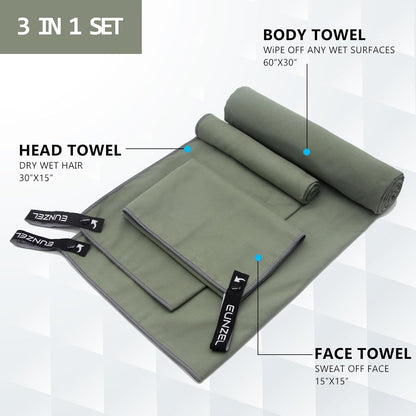 Eunzel 2 Pack Quick Dry Camping Towel, Microfiber Travel Towel 3 Size at 1 Pack,Fast Drying Towel Set for Camping, Beach, Gym, Sports, Yoga & Swimming Pool, Army Green/Grey