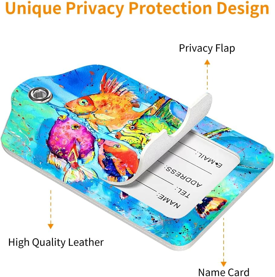 2 Pack Luggage Tag for Suitcase, Cute Unique Leather Bag Tags Identifiers Privacy Cover ID Label with Durable Steel Loop for Women Men Kids Girls Travel，Fish