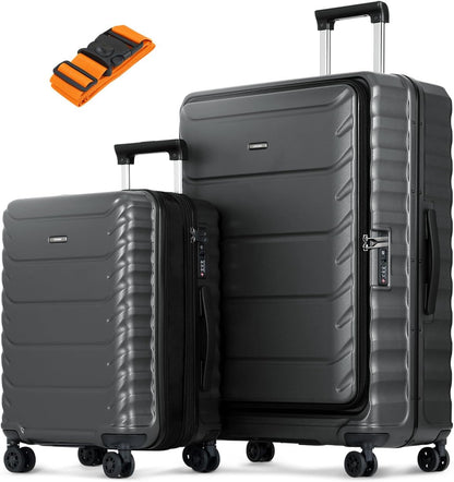 Luggage Sets 2 Pieces, 20/28 Inch PC Hardshell Suitcase with Spinner Wheels, 20 Inch Expandable Clamshell Carry On Luggage and 28 Inch Aluminum Frame Top Opening Checked Luggage (Black)