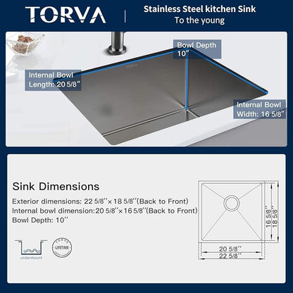 TORVA 22-Inch Undermount Kitchen Sink, Premium 304 Stainless Steel Bar Sink - Image 4
