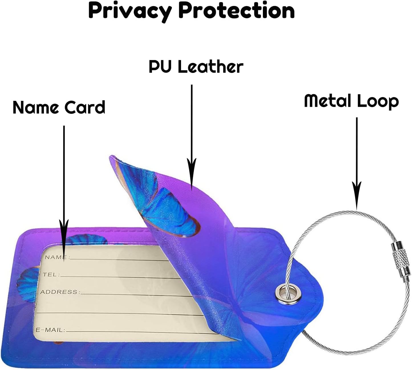 Blue and Purple Luggage Tags with Butterfly Print, Beautiful Violet Suitcase Tags with Privacy Cover Id Card Stainless Steel Loop, 2 Pack Identifiers Tags with Name ID Labels for Women Girls Travel