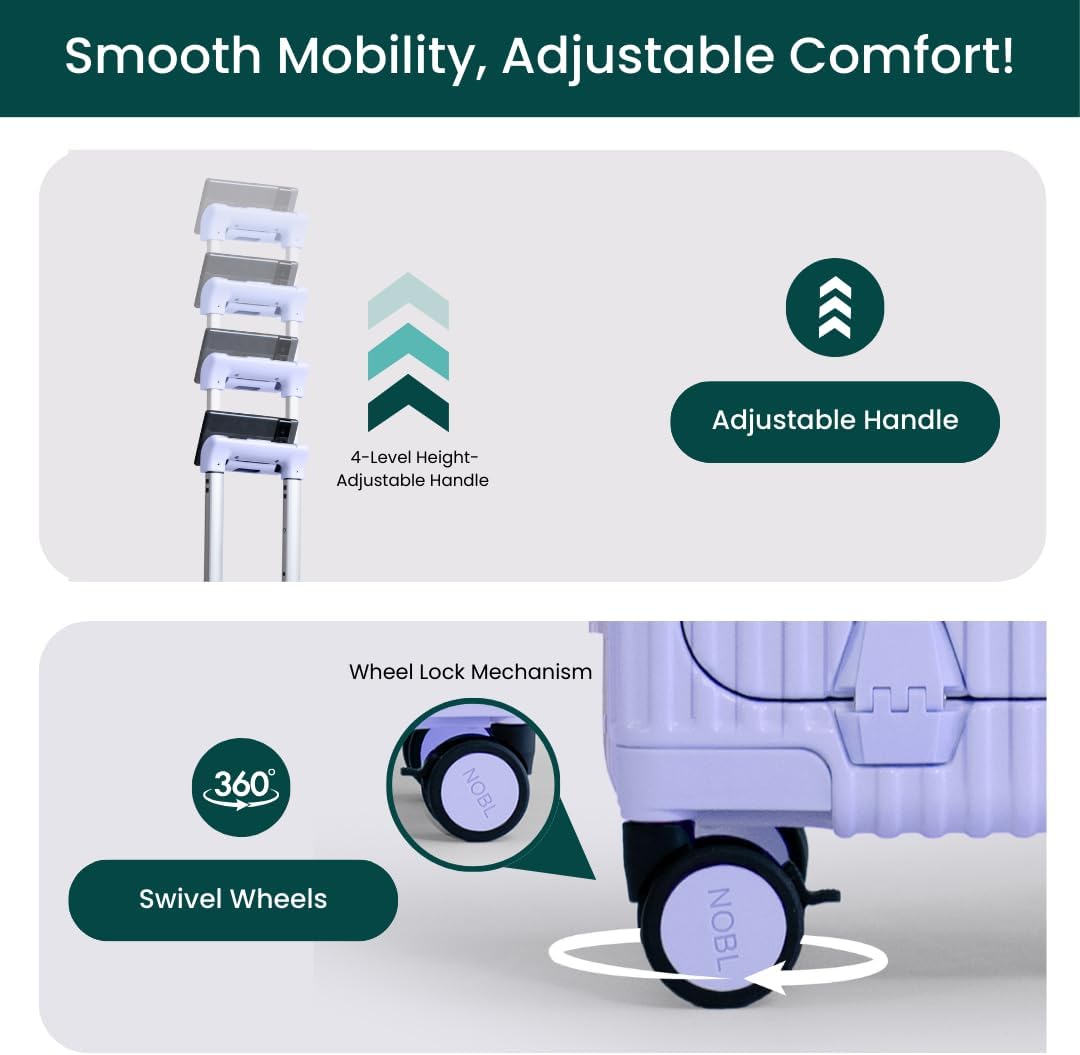 Nobl Travel Carry On Luggage, Noble Zipperless Aluminum Frame PC Hard Shell Suitcase, 20.8"x15"x8.7" Airline Approved, 360° Spinner Wheels, TSA Locks, USB Charging Port, Cup & Phone Holder - Lavender