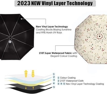 Cuby UV Sun Umbrella Compact Folding Travel Umbrella Auto Open and Close for Windproof, Rainproof & 99.9% UV Protection Parasol with Black Anti-UV Coating (Flowers)