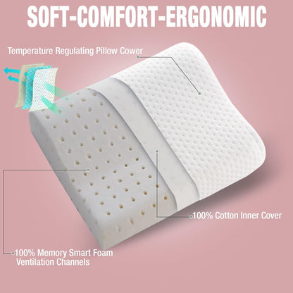 Travel & Camping Comfortable Memory Foam Pillow – Easy to Carry Portable Bag – Temperature Regulating Pillow Case (Pink Contour + Extra Cover)
