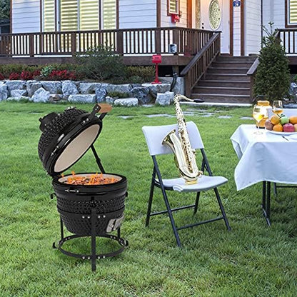 13" Portable Round Ceramic Charcoal Grill,Outdoor Barbecue Smoker,Heavy Duty Outdoor BBQ Grill,Vertical Camping Barbecue Grill,with Built-in Thermometer,for Garden Patio Beach Backyard (Black)