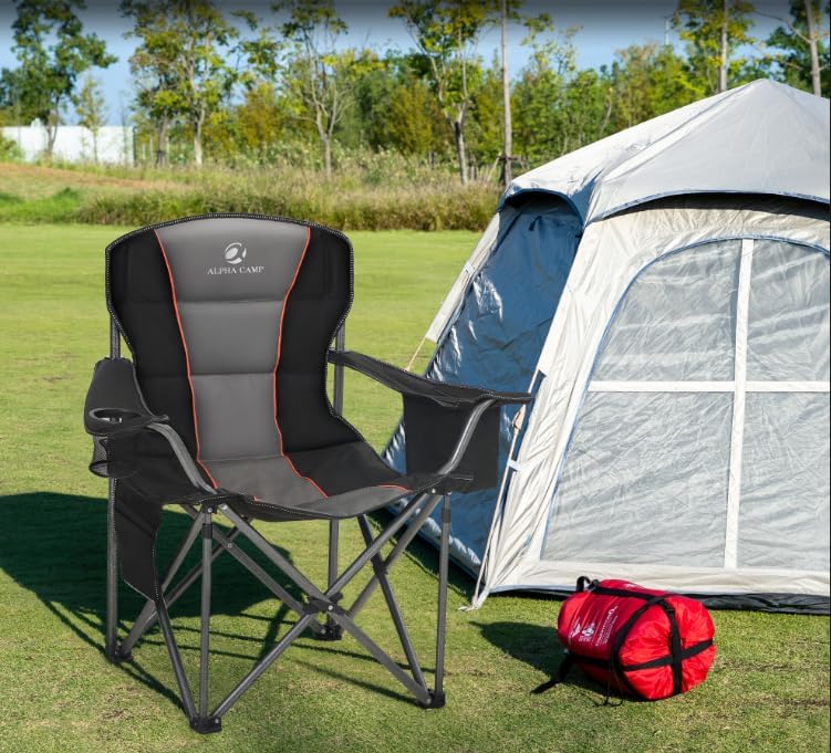 ALPHA CAMP Oversized Folding Camping Chair, Heavy Duty Portable Lawn Chairs with Cooler Bag, Side Pocket & Cup Holder, Folding Chairs for Outside Support 450 LBS