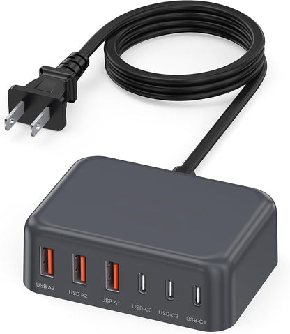 USB C Charger Block, 100W GaN 6 Port PD USB C QC USB A Wall Charger Adapter Plug Cube, Super Fast Type C Charging Station Hub for iPhone 16 15 14 13 12 Pro Max iPad Samsung Pixel 5ft Extension Cord