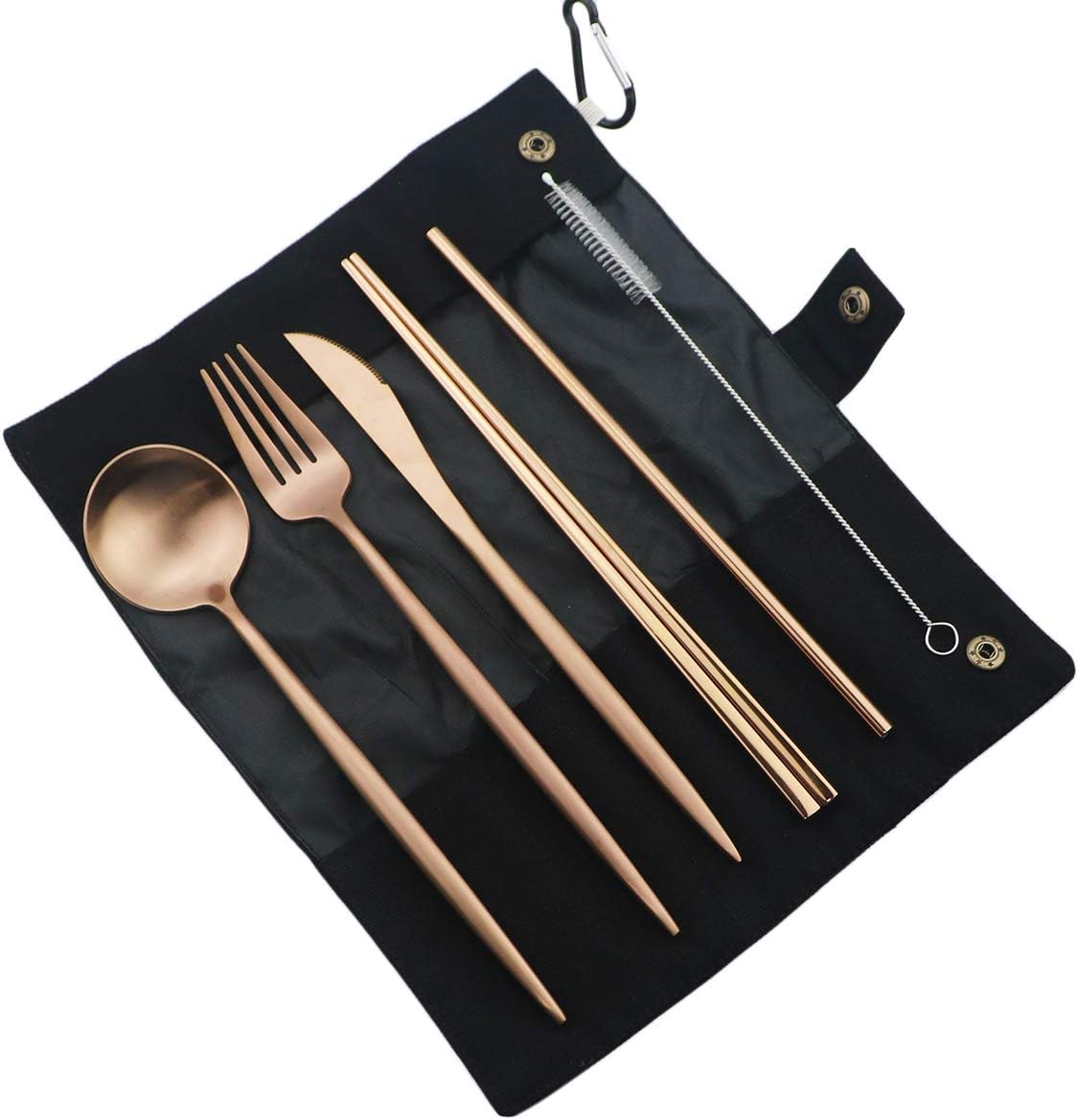 Gugrida Luxury Rose Gold Matte Portable 18/10 Stainless Steel Travel Flatware Sets of 7 Portable Camping Cutlery Set, Healthy & Eco-Friendly Flatware Set with Carrying Case for Travel or Camping