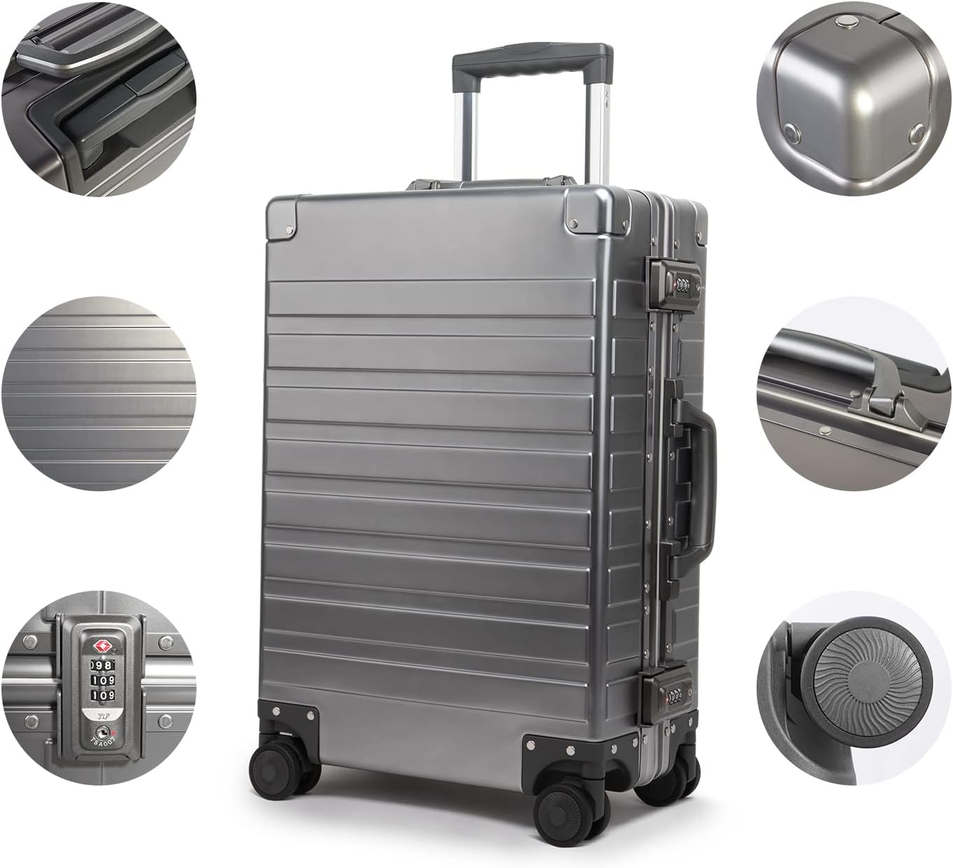 TRAVELKING All Aluminum Carry On Luggage with TSA Locks Zipperless Alloy Metal Hard Shell Spinner Suitcase (Metallic, 20 Inch)