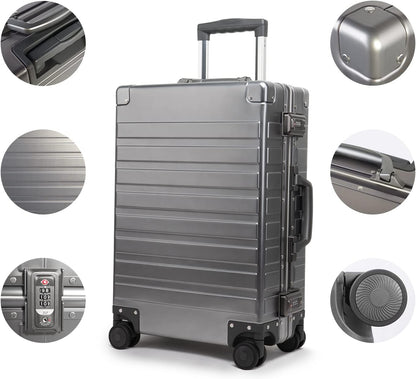 TRAVELKING All Aluminum Carry On Luggage with TSA Locks Zipperless Alloy Metal Hard Shell Spinner Suitcase (Metallic, 20 Inch)