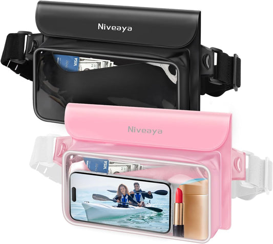 Niveaya IP68 Waterproof Fanny Pack - 2 Pack, Floating Dry Bag Pouch, Phone Waterproof Waist Pouch Dry Bag, Beach, Kayaking, Swimming, Boat Essentials, for iPhone 16/15/14/13/12 Pro Max up to 9.5"