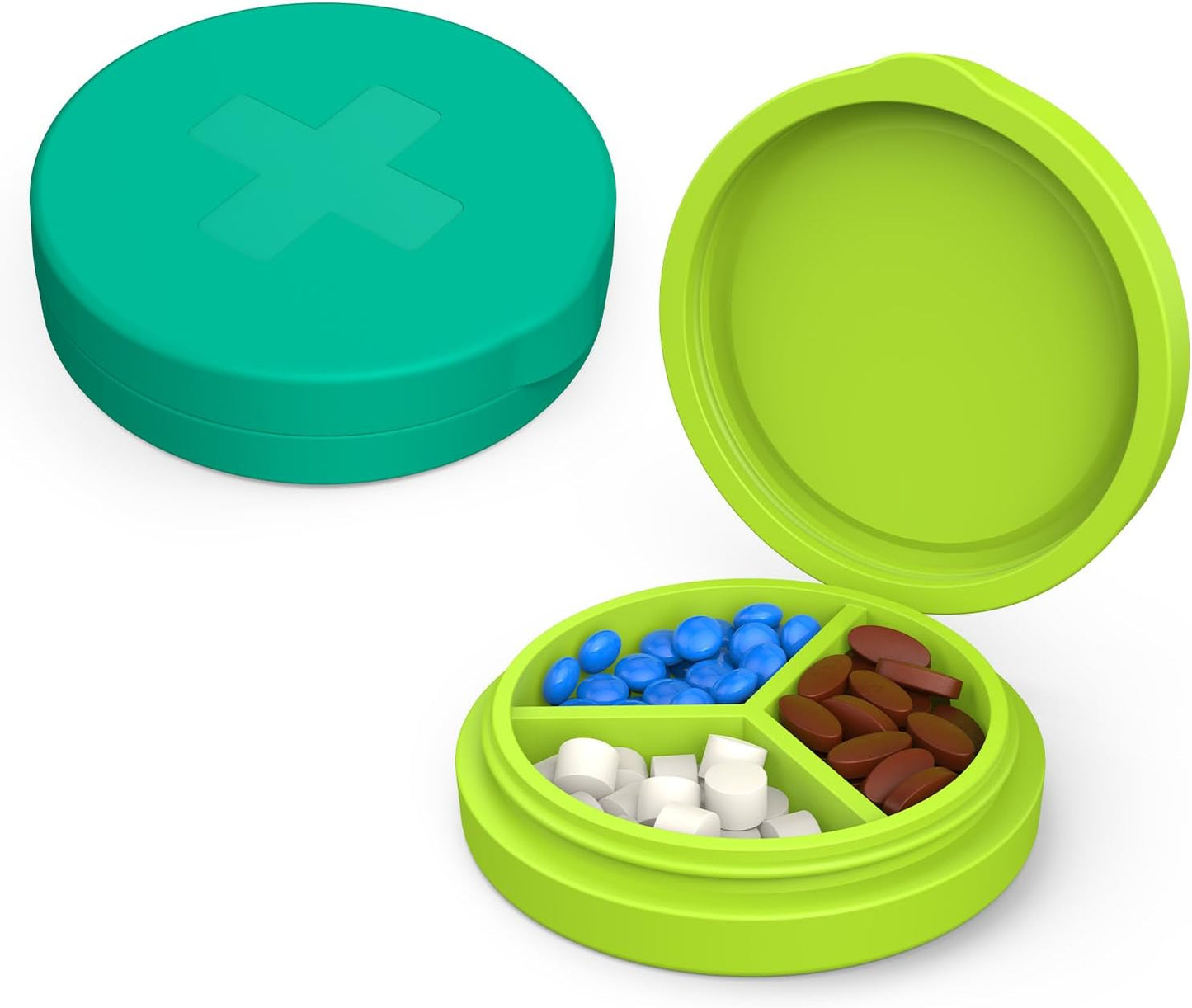 2 Pack Small Pill Box,3 Compartment Round Silicone Travel Pill Box for Purse Pocket, Waterproof Portable Compact Medicine Holder for Vitamin, Cod Liver Oil, Supplement(Green+Teal)