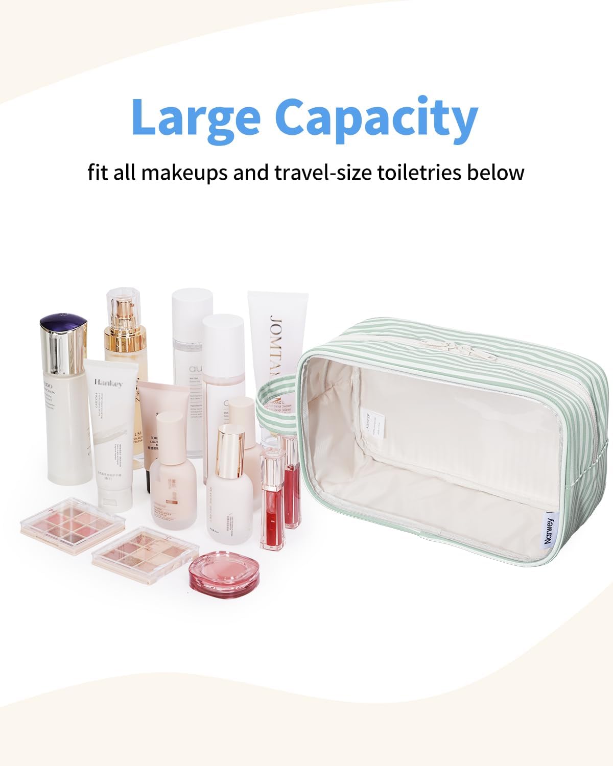 Narwey Clear Toiletry Bags for Traveling Women Men, Clear Travel Bags for Toiletries Makeup Bag Cosmetic Bag with Zipper, Make Up Organizer, Skincare Bag (Mint Green Stripe)