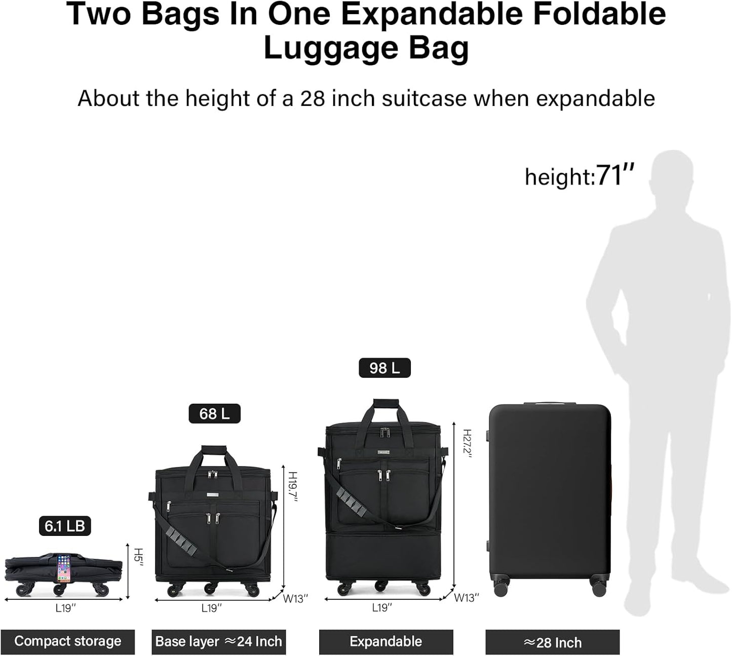 MILADA Expandable Luggage Bags for Travel Foldable Suitcase with Wheels Collapsible Rolling Travel Duffle Bag Lightweight Large Suitcases without Telescoping Handle, Black