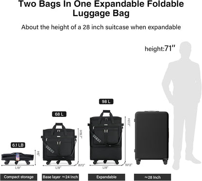 MILADA Expandable Luggage Bags for Travel Foldable Suitcase with Wheels Collapsible Rolling Travel Duffle Bag Lightweight Large Suitcases without Telescoping Handle, Black