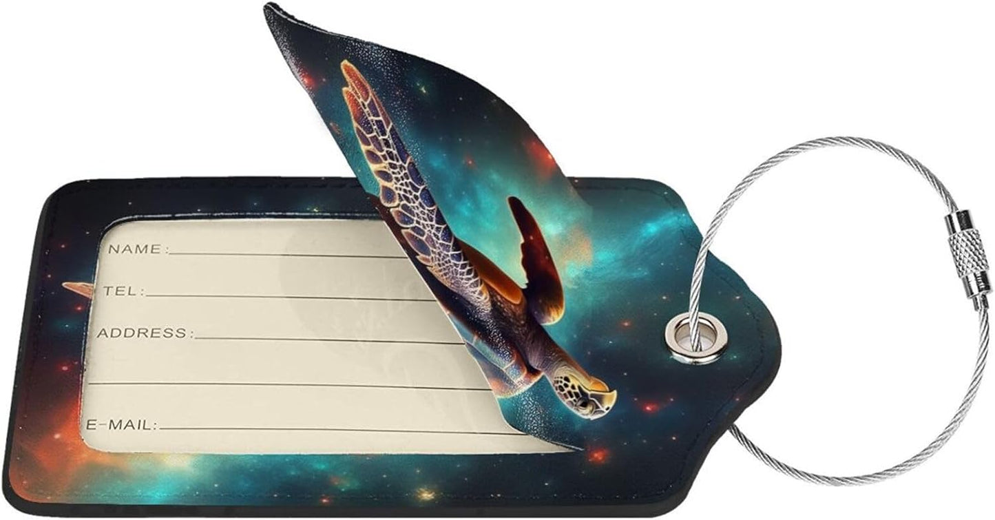Sea Turtle Leather Luggage Tag with Stainless Steel Ring, Fun Name Id Card Cover Travel Bag Tag Set, Suitable for Travel Bag Luggage Women Men 2 PCS