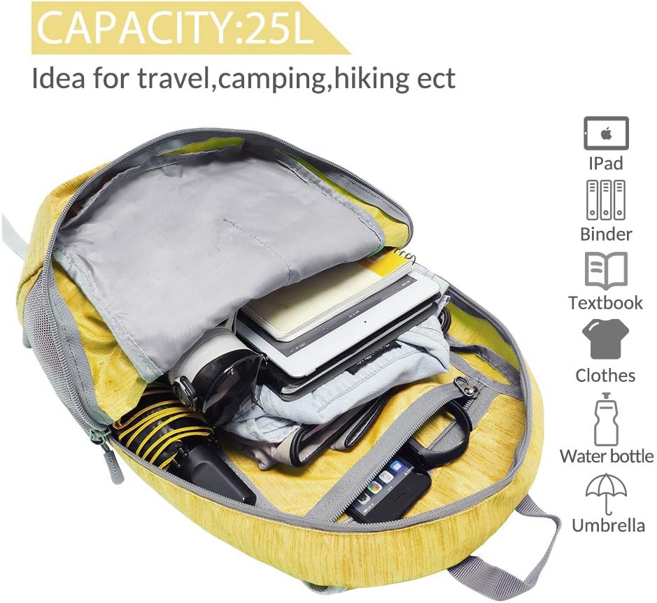 ZOMAKE 25L Ultra Lightweight Packable Backpack, Foldable Hiking Backpacks Water Resistant Small Folding Daypack for Travel(Yellow)