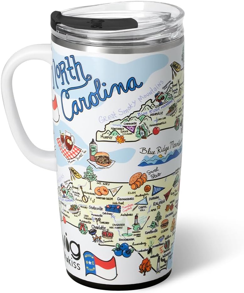 Swig Life 22oz Travel Mug, Insulated Tumbler with Handle and Lid, Travel Coffee Mug, Cup Holder Friendly, Stainless Steel 22 oz Tumbler, Reusable Insulated with Lid (North Carolina)