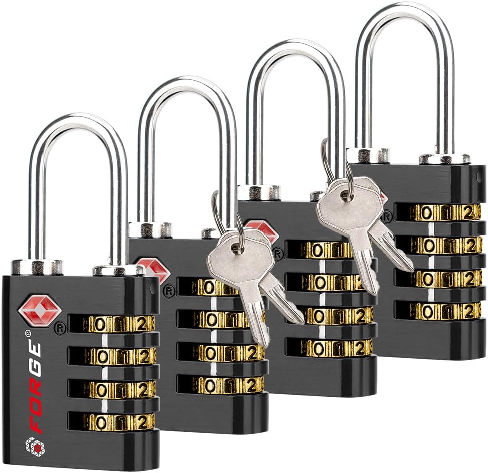 Forge Dual-Opening: Key or Combination Access Lock, TSA Approved Locks for Luggage, Pelican case, Travel, Gym, School, Stainless Steel Shackle. (Black, 4 Pk)