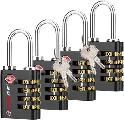 Forge Dual-Opening: Key or Combination Access Lock, TSA Approved Locks for Luggage, Pelican case, Travel, Gym, School, Stainless Steel Shackle. (Black, 4 Pk)