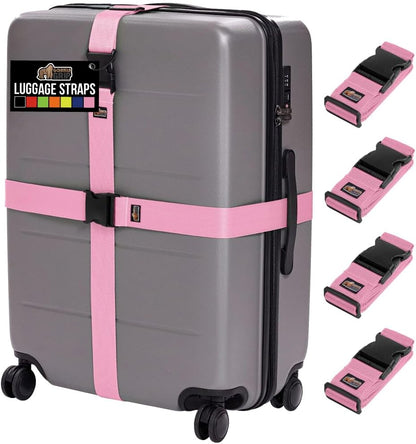 GORILLA GRIP Heavy Duty 4 Pack Adjustable Luggage Straps for Suitcases, Easy to Identify Travel Belt Connector Holds Suitcase Together, Extends Life of Bag, Strap Connects Two Bags, Accessories Pink