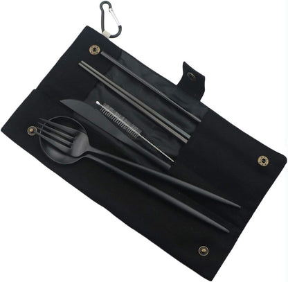 Gugrida Luxury Black Matte Portable 18/10 Stainless Steel Travel Flatware Sets of 7 Portable Camping Cutlery Set, Healthy & Eco-Friendly Flatware Set with Carrying Case for Travel or Camping