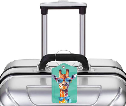 2 Pack Luggage Tag for Suitcase, Cute Unique Leather Bag Tags Identifiers Privacy Cover ID Label with Durable Steel Loop for Women Men Kids Girls Travel，GiraffeF